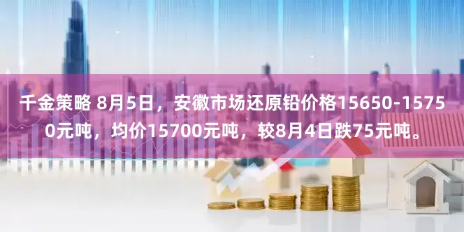 千金策略 8月5日，安徽市场还原铅价格15650-15750元吨，均价15700元吨，较8月4日跌75元吨。